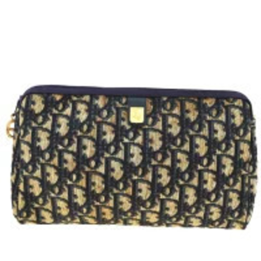 Christian Dior Trotter Clutch Bag Pouch Clutch Navy Blue Canvas Leather